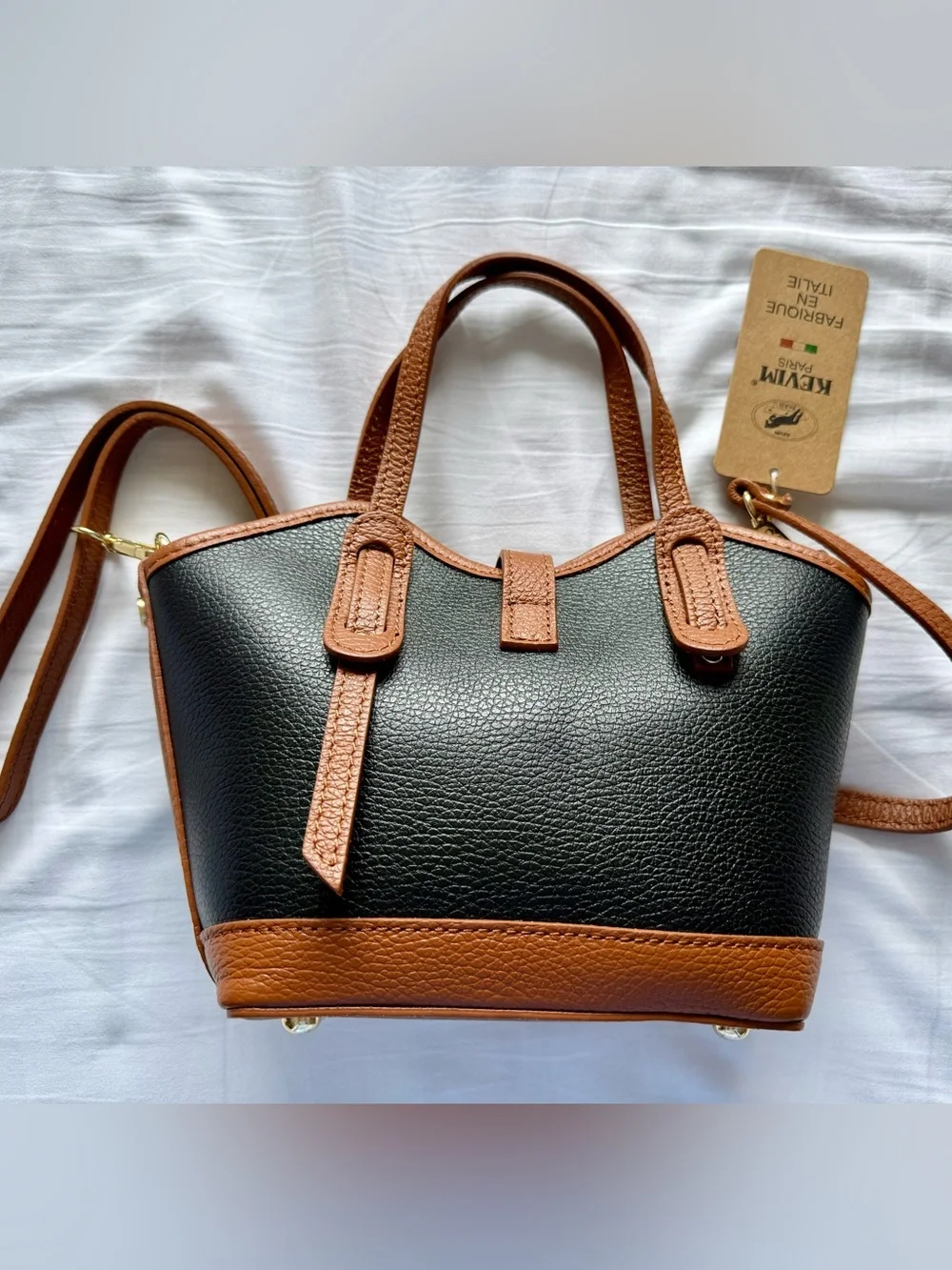NWT Kevim Paris Black & Tan Leather Tote Bag with Gold Lock.